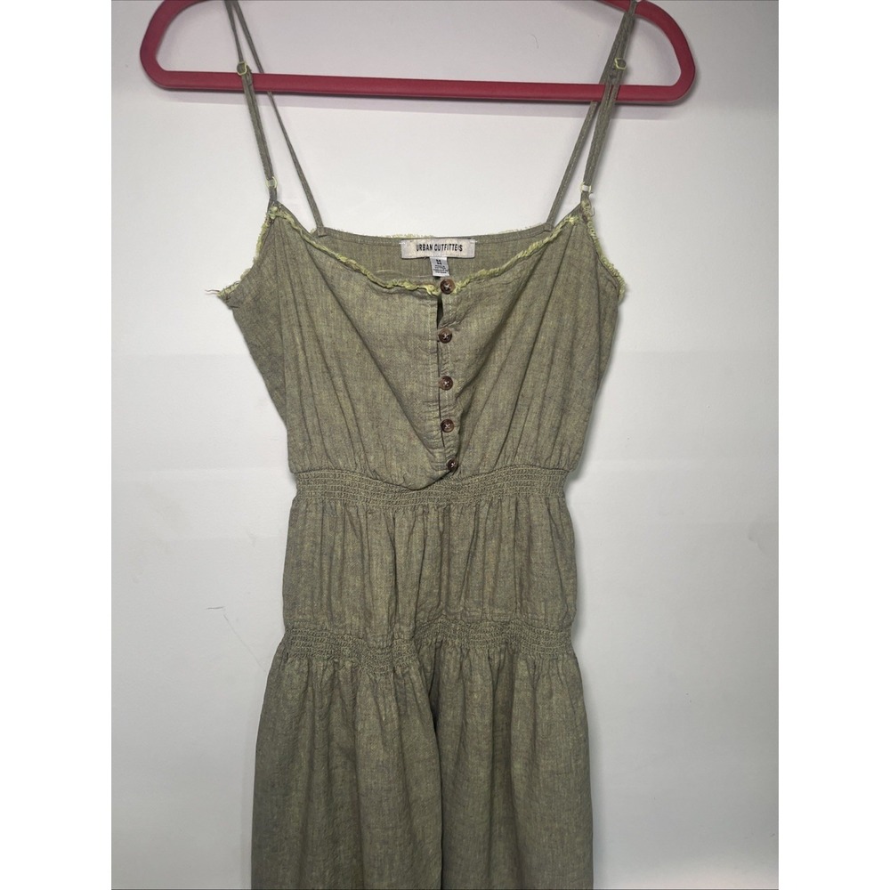 Urban Outfitters Linen Blend Midi Dress Sage Olive Green Smocked Button Front M - Picture 4 of 13